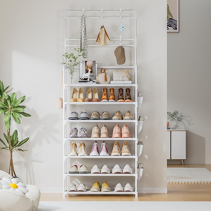 OYREL Shoe Rack 7 Tier Shoe Organizer Storage 21-28 Pairs Closet Shoes Rack for Front Door Entrance Shoe Rack Organizer with Hooks Side Pocket Entryway Large Capacity Shoe Shelf Tower Garage