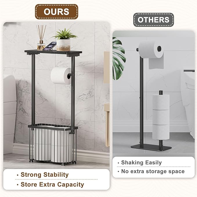 Free Standing Toilet Paper Holder with Storage Shelf – Bathroom Tissue Stand with Space for Phone, Wet Wipes and Magazines – All-in-One Toilet Roll Dispenser and Organizer Holds 4-6 Rolls