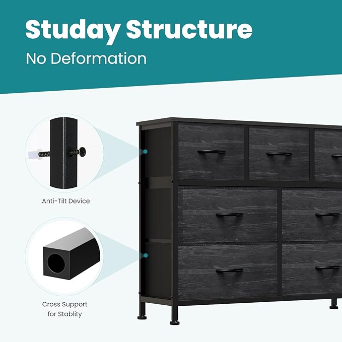 OLIXIS 7 Drawers Dresser for Bedroom, Fabric Storage Tower for Living Room, Entryway - Sturdy Steel Frame, Wooden Top and Easy Pull Fabric Bins, Closet Chests Organizer for Clothes,Black Wood Grain