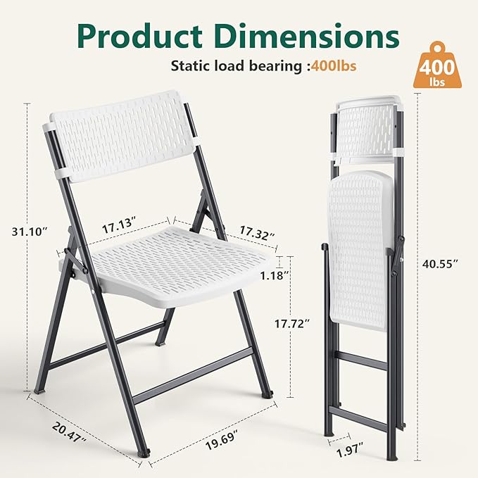 4-Pack White Folding Chairs, Mesh Plastic Seat with Steel Frame, 400 lbs Capacity, Non-Slip Pads, Easy Clean for Indoor/Outdoor Weddings, Patios & Card Tables