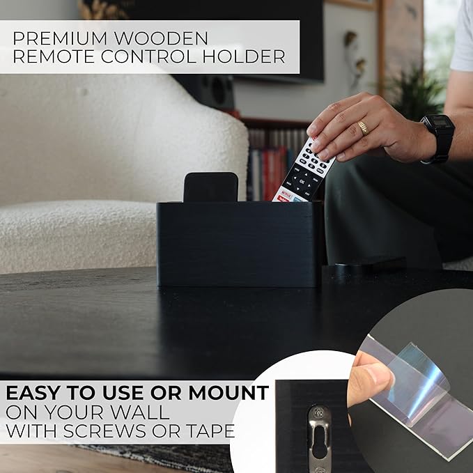 KIBAGA Premium Wooden Remote Control Holder - Easy Install Adhesive Wall Mount Caddy Keeps 3-4 TV Remotes Neatly Organized - Stylish Natural Wood Organizer is Perfect for Any Bed Or Living Room Wall
