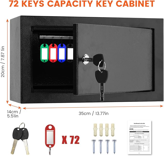 72 Keys Key Lock Box Wall Mount with 72 Numbered Hooks and 72 Colored Key Tags, Key Cabinet with Key Return Drop Slot, Key Storage Box for Home Hotel Office