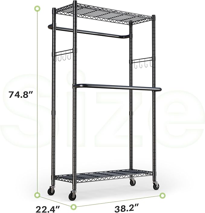 HOKEEPER Clothes Racks 400 LBS Heavy Duty Clothing Racks for Hanging Clothes Adjustable Coat Rack with Wheels & Hooks Freestanding Wire Garment Rack Portable Closet Wardrobe 74.8''H*38.2" W