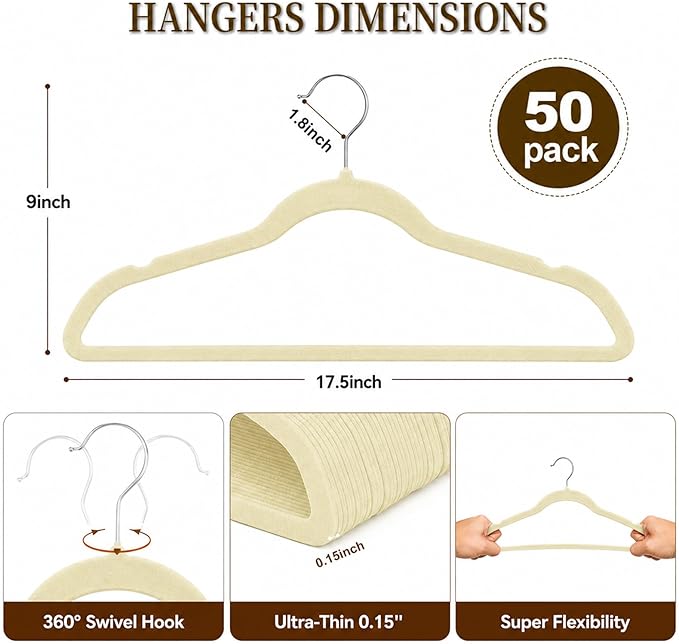Velvet Hangers 50 Pack, Non Slip Clothes Hangers with Shoulder Notches, Slim Felt Hanger with 360° Swivel Hook, Space-Saving, for Coat, Shirt, Pants, Dress, Suits, Ivory