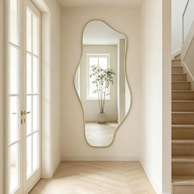 Irregular Full Length Mirror, 67"x31" Large Asymmetrical Tempered Glass Mirror, Gold Organic Frameless Wall Mirrors for Living Room Bedroom Hallway Entryway, Horizontal or Vertical Hanging