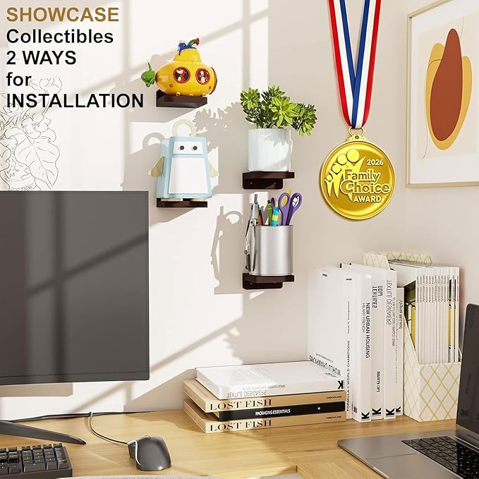 SRIWATANA Small Floating Shelves Wall Mounted, Wood Shelf for Decoration and Storage Set of 4, Mini Display Shelf for Bedroom, Bathroom, Kitchen, Office (Walnut, 4 inch)