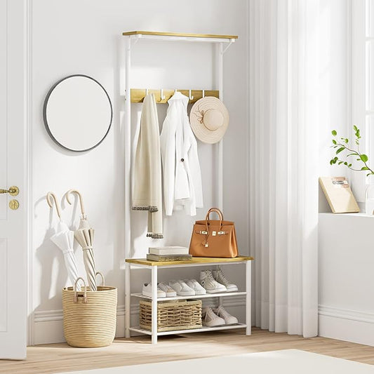Hall Tree with Bench and Shoe Storage, 3-in-1 Coat Rack Shoe Bench, Freestanding Wooden Coat Rack with Metal Frame, 3-Tier Storage Shelf and 5 Removable Hooks, White
