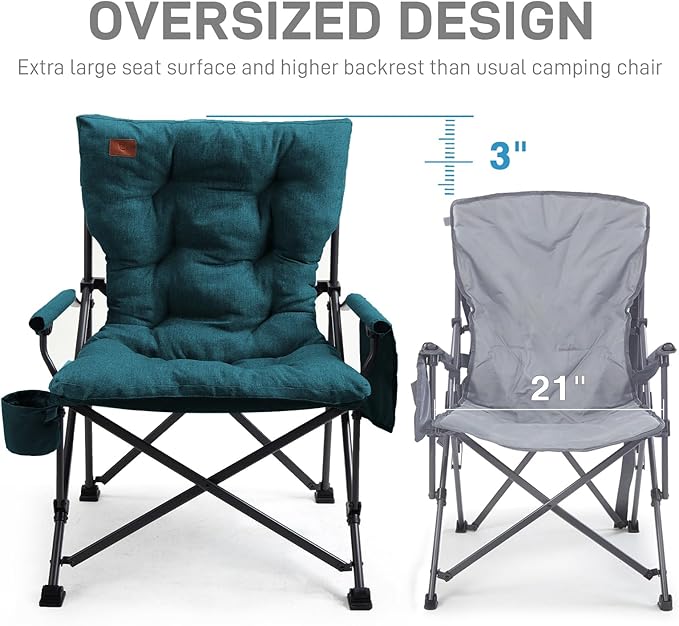 EVER ADVANCED Padded Oversized Folding Camping Chair for Adults, Heavy Duty Lawn Chair with Side Pockets, Portable Collapsible Quad Chair for Outside, Support Up to 500lbs, Green 2Pack