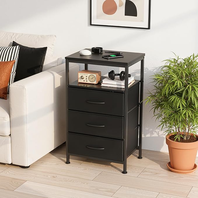DUMOS Nightstand with Charging Station, Bedside End Table with 3 Fabric Drawers & USB/Type-C Ports and Outlets, Night Stand for Bedroom Furniture, Adjustable Feet and Variable Light Strip, Black