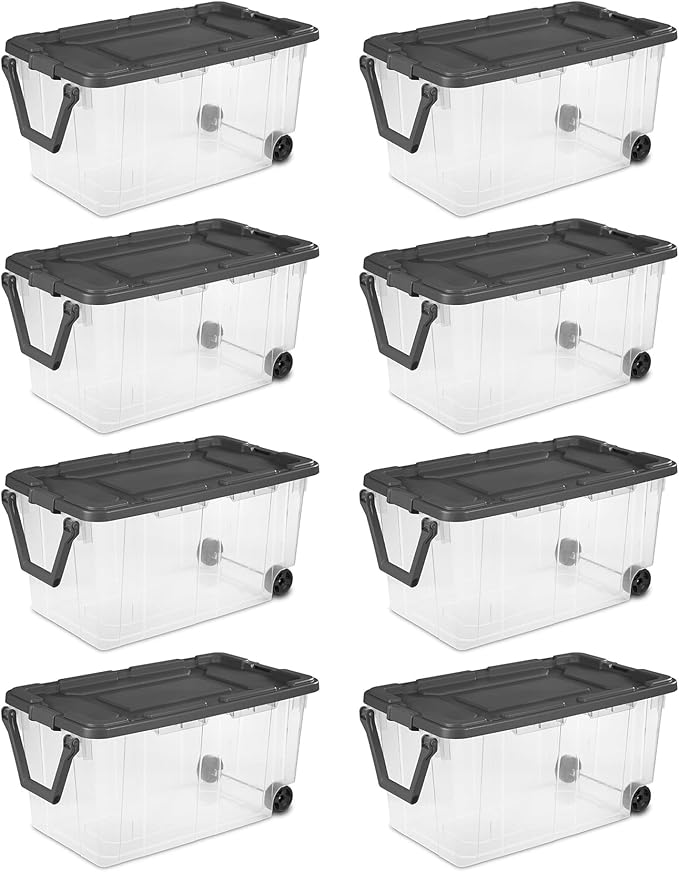 Sterilite 8-Pack Modular Stacker Box, Durable Clear Plastic Storage Bins with Latching Lids, 40 Quart - Stackable Organizing Container Boxes for Closet, Bathroom, and Office