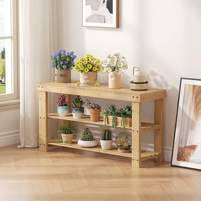 NEWBULIG Shoe Rack Bench, 3-Tier Bamboo Shoe Organizer, Wooden Entryway Storage Bench, 286 lb Load Capacity, 11.2x35.5x17.9 Inches, for Entryway Bathroom Bedroom Balcony, Wood