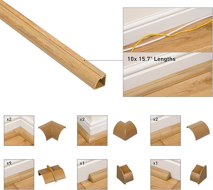 D-Line 157in Stainable Wood-Effect Corner Cable Concealer Multipack, Floor Wire Hider, Quarter Round Cord Cover, Organize Cords in Corners, Floor Molding - 10x 15.7in Lengths & Accessories