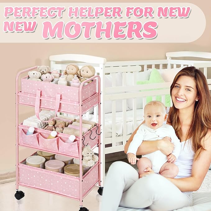 Yookeer 2in1 Baby Diaper Caddy Organizer Cart 3 Tier Large Capacity Metal Utility Bedside Rolling Cart with Divider Newborn Registry Gift Nursery Essential Must Have Bedroom Baby Shower(Pink,Star)
