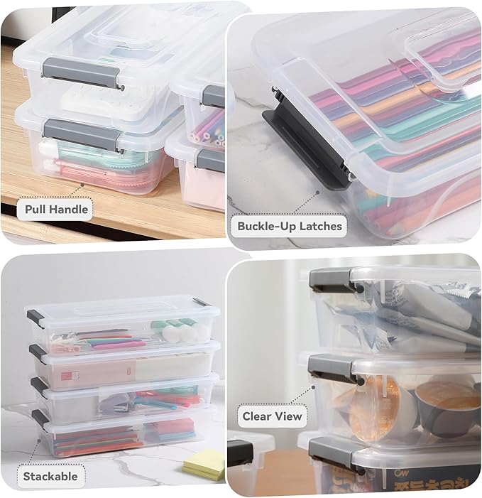 novelinks Clear Plastic Storage Bins with lids, Stackable Storage Containers, Durable Craft Storage Boxes, Organization Containers for Home Office (4 Quart 8 Pack)