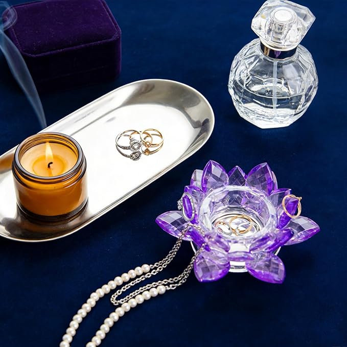 Crystal Flower Jewelry Tray, Transparent Decorative Trinket Dish for Rings, Earrings, Necklaces, Keys for Vanity Dresser Nightstand, Elegant Gift for Women Mother's Day (2, 4.4"(w) - Purple)