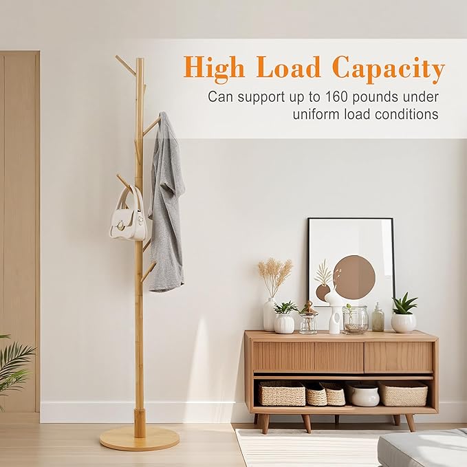 VECELO Coat Rack Freestanding, Entryway Hanger Stand, Umbrella Holder, Hall Tree With Hooks, Floor Standing Metal Tree Stand,Light Wood