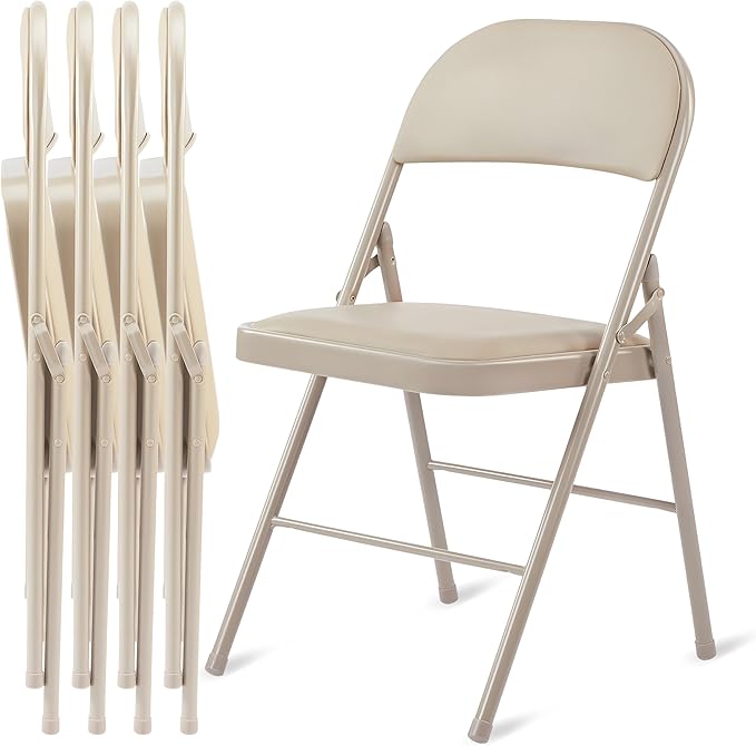 Simple Deluxe 4 Pack Folding Chairs with Leather Padded Cushion Seats & Durable Metal Frame, Comfortable, Foldable, Portable, Commercial Event Seat, Indoor Outdoor for Parties, Home, Office, Kahki