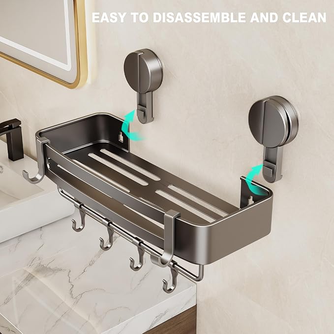 VOLPONE 2 Pack Shower Caddy Suction Cup, Corner Shower Shelves No Drilling, Showers Organizer Storage with Towel Bar & Removable Hooks, Bathroom Shower Shelf Rack for Inside Showers, Square