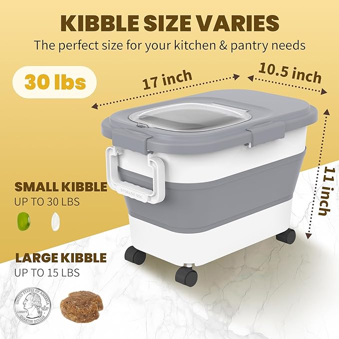 HOYTAMDA18-25lbs Rice Container,Collapsible Airtight Food Storage Containers with Wheels,Handle,Rice Storage Container with Small Bin and Scoop,Rice Dispenser for Flour Sugar Cereal Grain Dog Cat