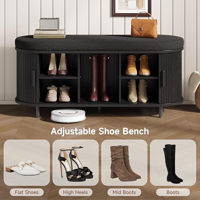 Oval Shoe Storage Bench with Padded Seat Cushion, 2-Tier Fluted Shoe Cabinet with Adjustable Shelves, Mid-Century Bench Compact for Entryway, Hallway, Closet, Front Accent, Foyer, Bedroom, Black