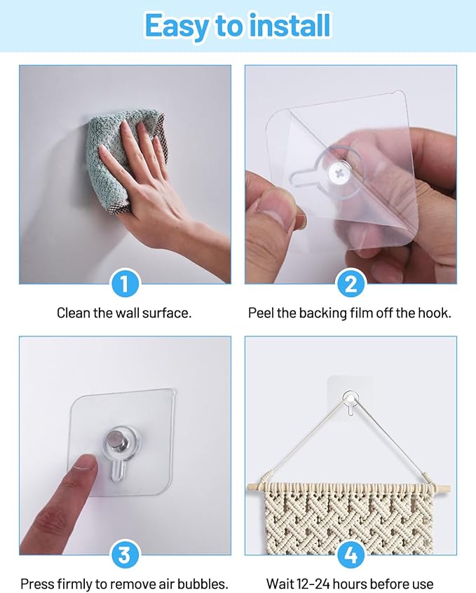 20 Pcs Adhesive Picture Hooks, 20 Ibs Load Heavy Duty Self Adhesive Wall Hooks for Hanging, Waterproof Picture Hangers Without Nails for Bathroom Kitchen, Transparent Sticky Hooks for Frames