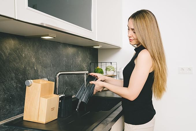 Bamboo Universal Knife Block - Knife Holder with 2 Built-In Knife Sharpeners - 2-Tiered Modern Knife Storage Up to 16 Large and Small Knives Easy Clean Wooden Knife Organizer by Kitchen Seven