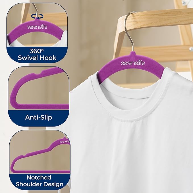 SereneLife 100 Pack Premium Velvet Hangers, Ultra Thin Non Slip Adult Felt Space Saving Hangers, for Closet Heavy Duty Coat, Pants, Jackets, Dress Hangers, 360° Swivel Hook Hold Upto 10 lbs (Purple)