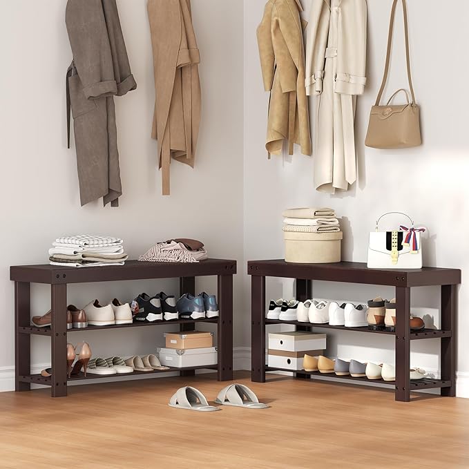 NEWBULIG Shoe Rack Bench, 3-Tier Bamboo Shoe Organizer, Wooden Entryway Storage Bench, 286 lb Load Capacity, 11.2x35.5x17.9 Inches, for Entryway Bathroom Bedroom Balcony, Brown