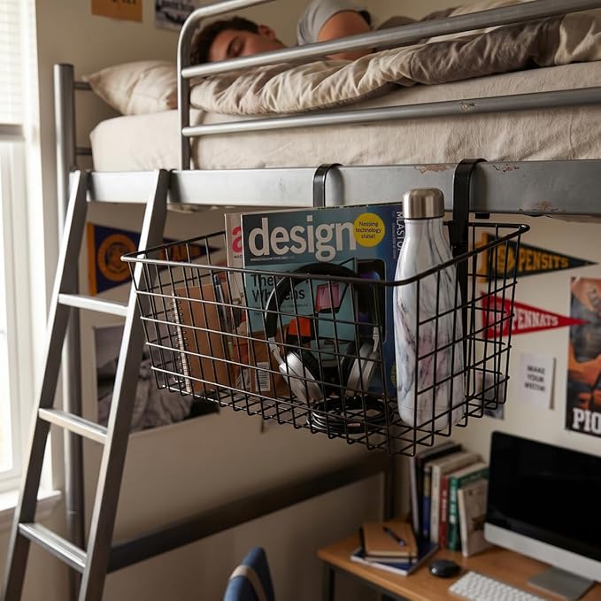 2 Pack Metal Hanging Bedside Basket for Bunk Beds & Collage Dorms - Cabinet Wire Organizer for Storage, Multi-Use Large Organizing Caddy for Bedroom, Office (Black/Large)