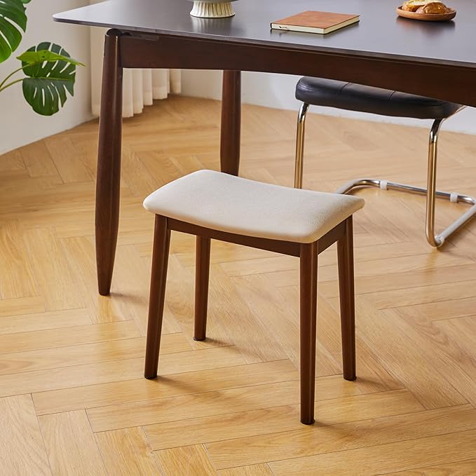 IBUYKE Vanity Stool with Saddle Cushion,Modern Foot Stool Ottoman Piano Bench,Foot Rest Stool with Solid Wood Legs, Small Upholstered Bench for Bedroom, Entryway,Beige,WBD007HM