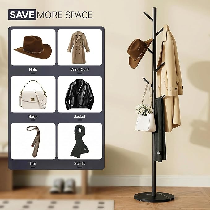Heavy Duty Freestanding Coat Rack, Modern Hall Tree,7 Hooks, 3 Adjustable Height, Sturdy Metal Clothes hook stand with base for Entryway Bedroom Office for Coats Hats Handbags and Purses, Black