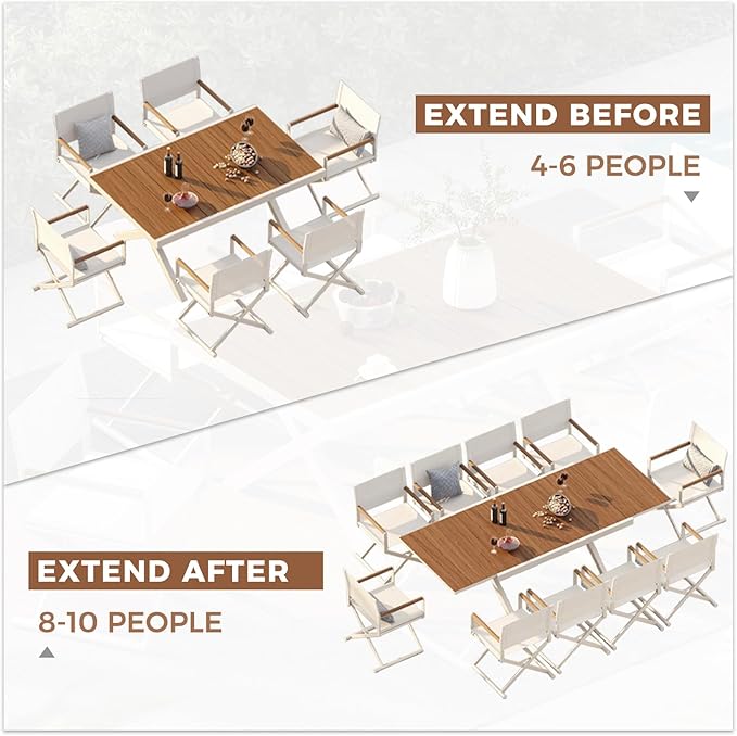 Grand patio 7-Piece Outdoor Dining Set, 6 Extra-Wide Folding Chairs & 1 Rectangle Expandable Table for 6-8 Person, Sling Mesh Patio Chairs with Wood Grain Table for Yard, Poolside, Deck, Apricot