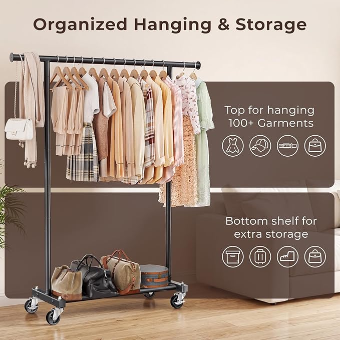Clothing Rack for Hanging Clothes, 45" Wide Rolling Clothes Rack, Metal Garment Hanger Rack with Wheels, Portable Coat Rack Wardrobe Rack for Bedroom Laundry, Black