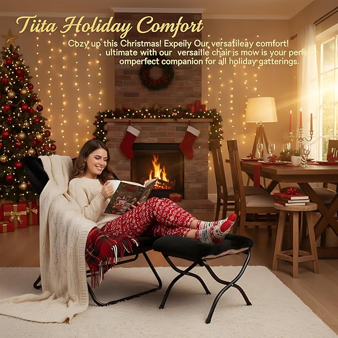 Tiita Folded Chair with Ottoman, Soft Faux Fur Oversized Folding Accent Chair,Lazy Chair, Metal Frame Moon Chair for Bedroom, Living Room, Dorm Rooms, Garden and Courtyard