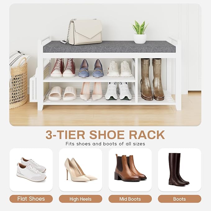 Homaxy 2-Tier Shoe Rack Bench with Side Holder, 39.4 in Bamboo Entryway Bench, Shoe Rack Organizer with Cushion for Front Entrance, Hallway Living Room Bedroom, White and Dark Grey