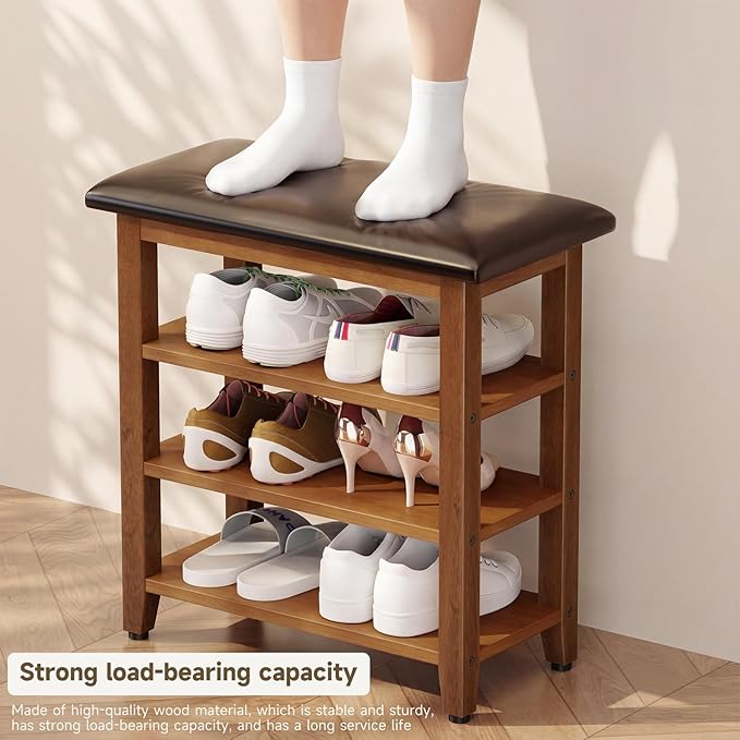 Shoe Bench with Leather Cushion,Wood Bench with Shoe Rack,3-Tier Shoe Storage Organizer for Entryway,Hallway,Living Room (3-Tier-23.6", Rubberwood)