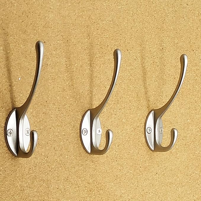 IBosins 10 Pack Dual Coat Hooks Wall Mounted with 40 Screws Retro Double Hooks Utility Silvery Hooks for Coat, Scarf, Bag, Towel, Key, Cap, Cup, Hat (Silvery)