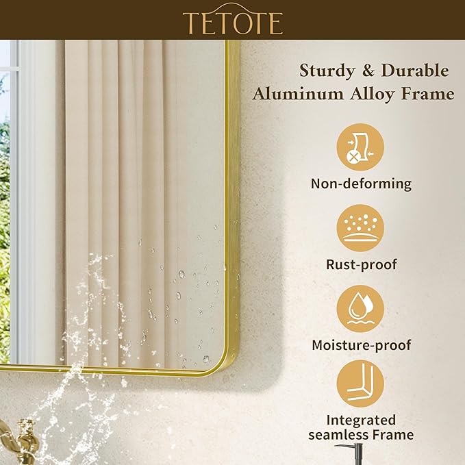 TETOTE 24 x 30 Gold Bathroom Mirror Brushed Gold Metal Framed Vanity Mirror, Tempered Glass, Wall Mounted for Bathroom, Entryway, Bedroom, Living Room(Horizontal/Vertical)