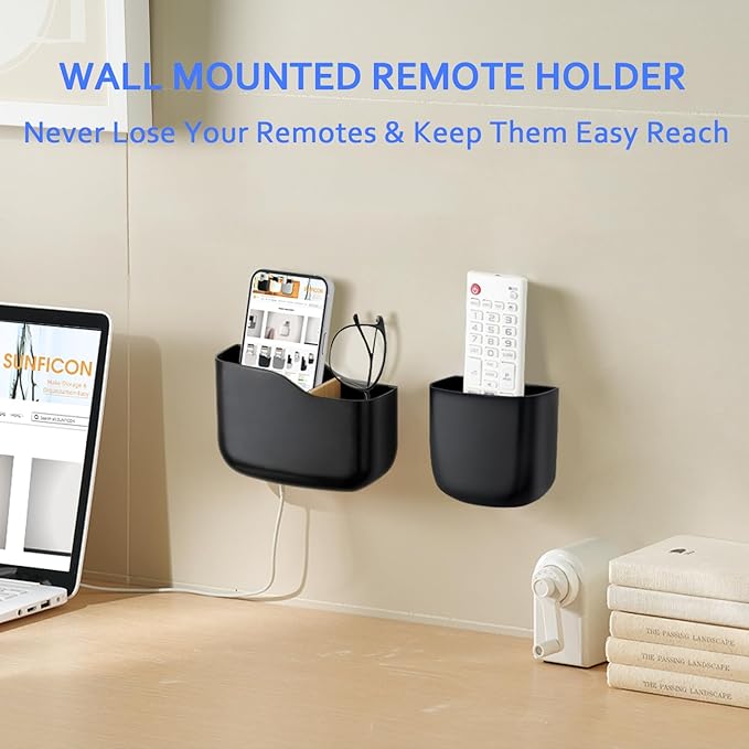 Remote Holder Wall Mount TV FAN Remote Control Holder Bedside Caddy Wall Organizer Phone Holder for Office Adhesive Media Player Controller Holder Box Tray Home Desk Nightstand 2 BIG 2 SMALL BLACK
