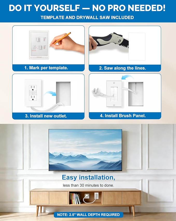 GFCI Outlet 15 Amp in-Wall Cable Management Kit with 9.8FT Cord, Tamper-Resistant Receptacle with LED Indicator, Self-Test Ground Fault Circuit Interrupter, UL Listed, Outlet Relocation Kit