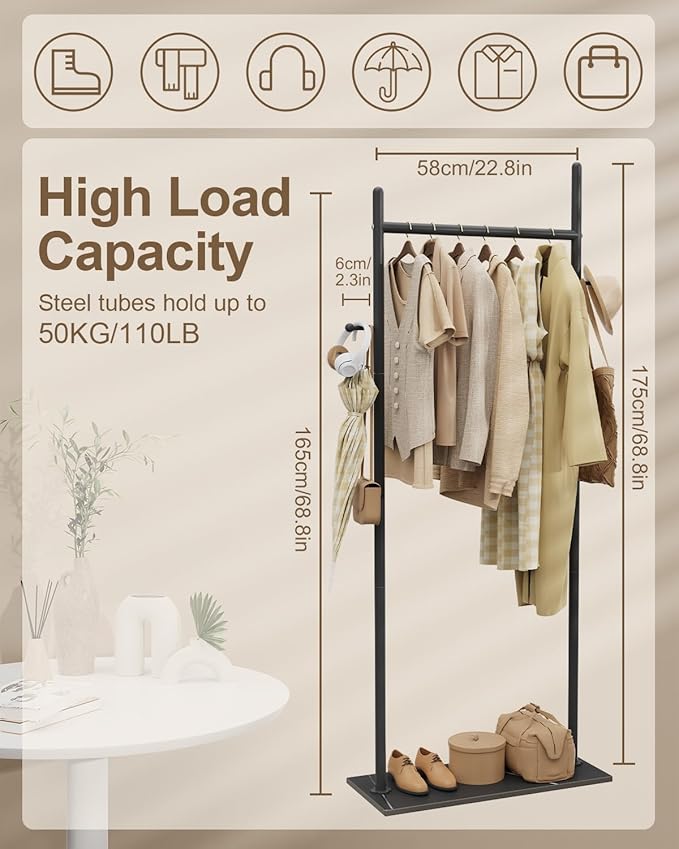 Large Metal Coat Rack Freestanding, Modern Coat Hanger Stand with 2 Hooks and Heavy Rock Slab Base, Industrial Clothing Rack, Coat Stand, 25.6 x 11.8 x 68.9 In, Black, GYJ202LB