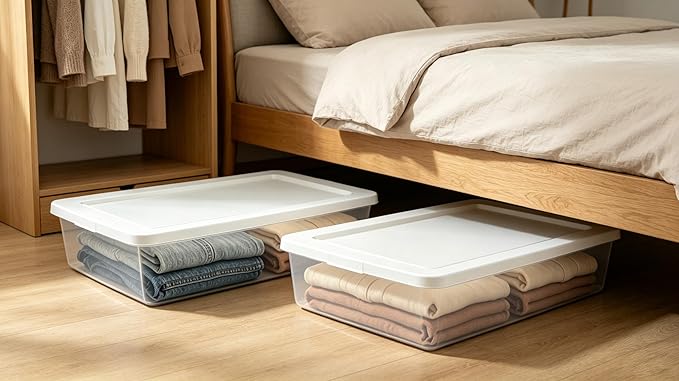 (2 Pack) 41 Quart Under Bed Storage Containers, Clear Rigid Plastic Underbed Storage Bins with Snap-On Lid, Stackable Flat Organizer Boxes for Bedroom Closet Home, White