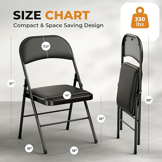 Our Modern Space 4 Pack Leather Chair | Foldable & Stackable | 350 lbs Capacity Steel Frame Seats for Indoor or Outdoor | Commercial Use Events Wedding Party Events Bulk Picnic Kitchen Dining - Black