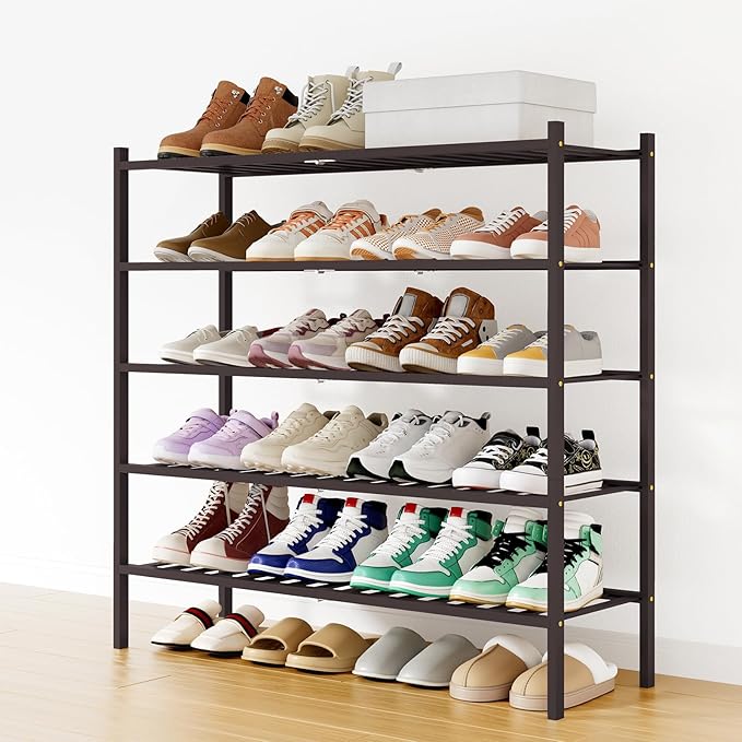 Smiry Long Bamboo Shoe Rack, 5 Tier Free Standing Wooden Shoe Organizer, Stackable Wood Shoe Storage Shelf for Closet, Entryway, 12 Vertical Slats, 2+2+1 Stack Standard Legs, 33.7"x11"x32.5", Brown