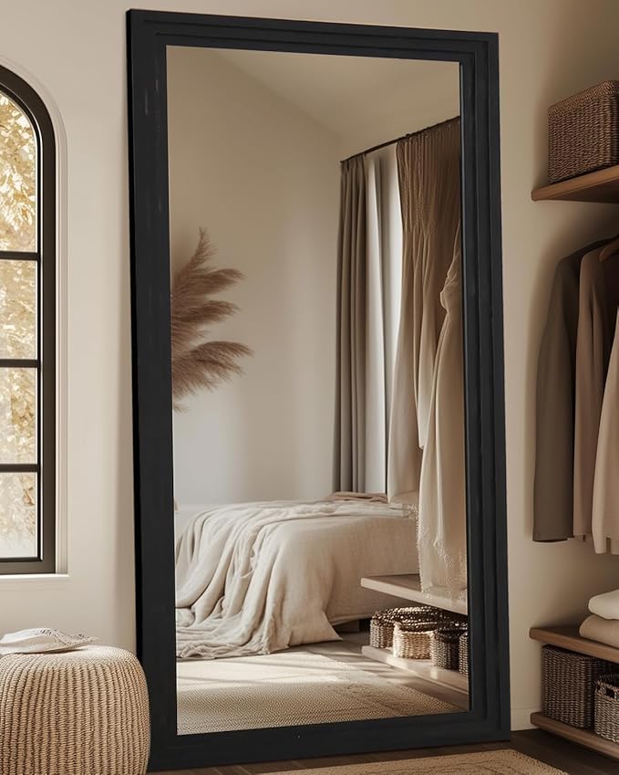 Full Length Mirror, 76"x34" Wooden Mirror Full Length with Stand Wood Floor Mirror, Oversized Stand Up Mirrors Large Wall Mirrors, Wall Mounted Mirrors, Rect Wood Style, Black