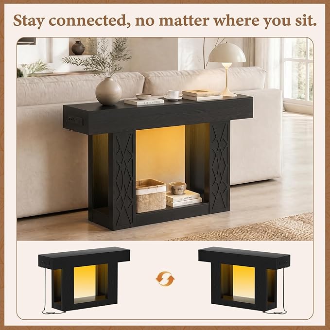 Unikito 47" Console Table with Outlets & LED Lights, Farmhouse Entryway Table with Unique Lattice Geometric Pattern, Sofa Table Behind Couch with 2-Tier Storage for Living Room, Hallway, Foyer, Black