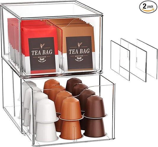 2 PCS Clear Stackable Storage Drawers with Adjustable Dividers, 6 Compartments Plastic Tea Bag Organizers, Acrylic Food Storage Bins for Pantry, Kitchen Cabinet, Fridge, Sugar & Spice Packets, Snacks