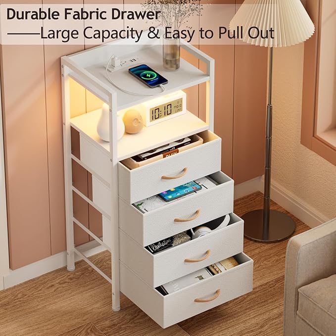 Furnulem White Nightstand with Charging Station, Night Stand Side Table with Led Light, Tall Dresser for Bedroom with 4 Fabric Storage Drawers, Metal Frame, Wood Shelf(White)