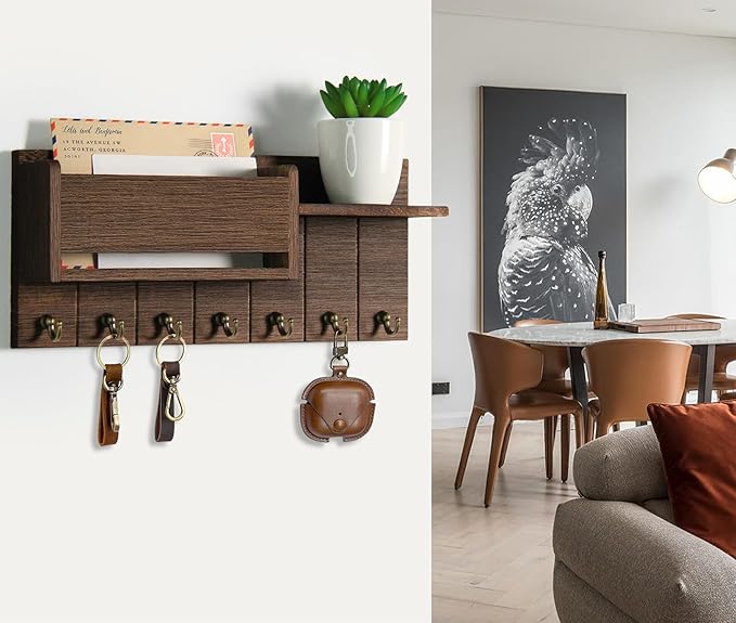 RelaxScene Key Holder Wall Mount - Decorative Key Rack and Mail Organizer with 7 Key Hooks - Wooden Key Hanger with Shelf for Living Room Decor - Rustic Farmhouse Home Entryway Aesthetic Essentials