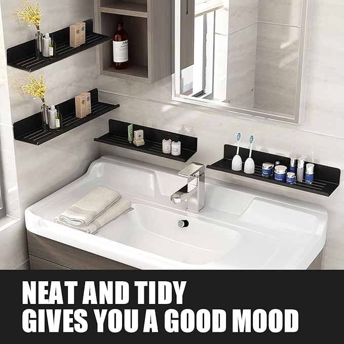 Over The Sink Shelf, Metal Wall Mounted Bathroom Countertop Organizer, Floating Shelf Organizer (2 PCS) (Black, 40CM(15.7'))